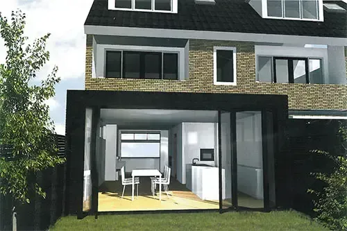 Een impressie van een huis met een eettafel en stoelen