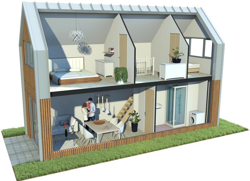 Een 3D-model van een doormidden gesneden huis met het interieur