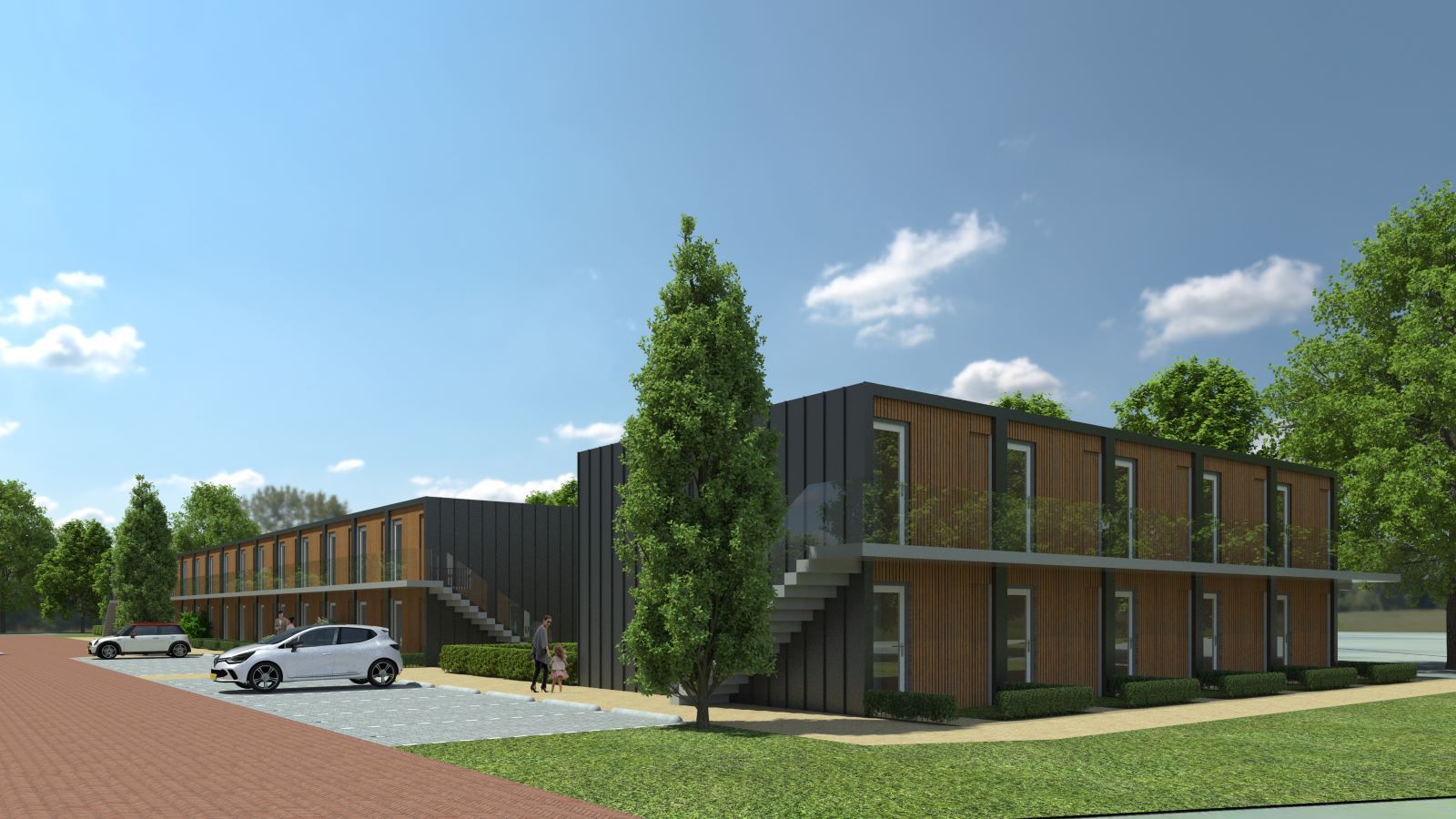 Een impressie van een gebouw met daarvoor geparkeerde auto's.