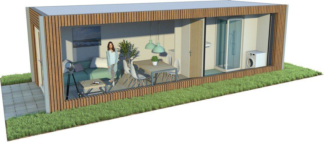 Een 3D-model van een huis met een vrouw ervoor.