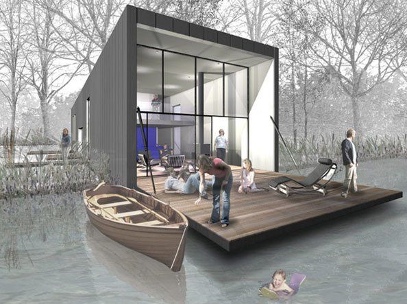 Een impressie van een huis met een boot ervoor