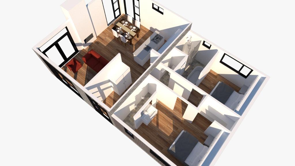 Een luchtfoto van een huis met een eettafel en stoelen.