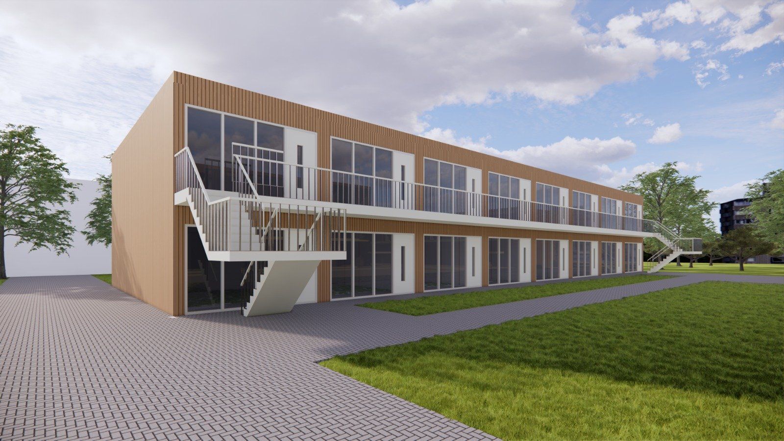 Een impressie van een gebouw met een trap ernaartoe.