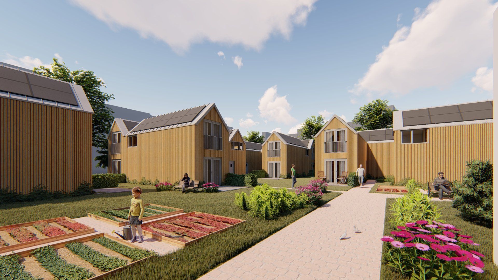 Een impressie van een rij huizen in een woonwijk.