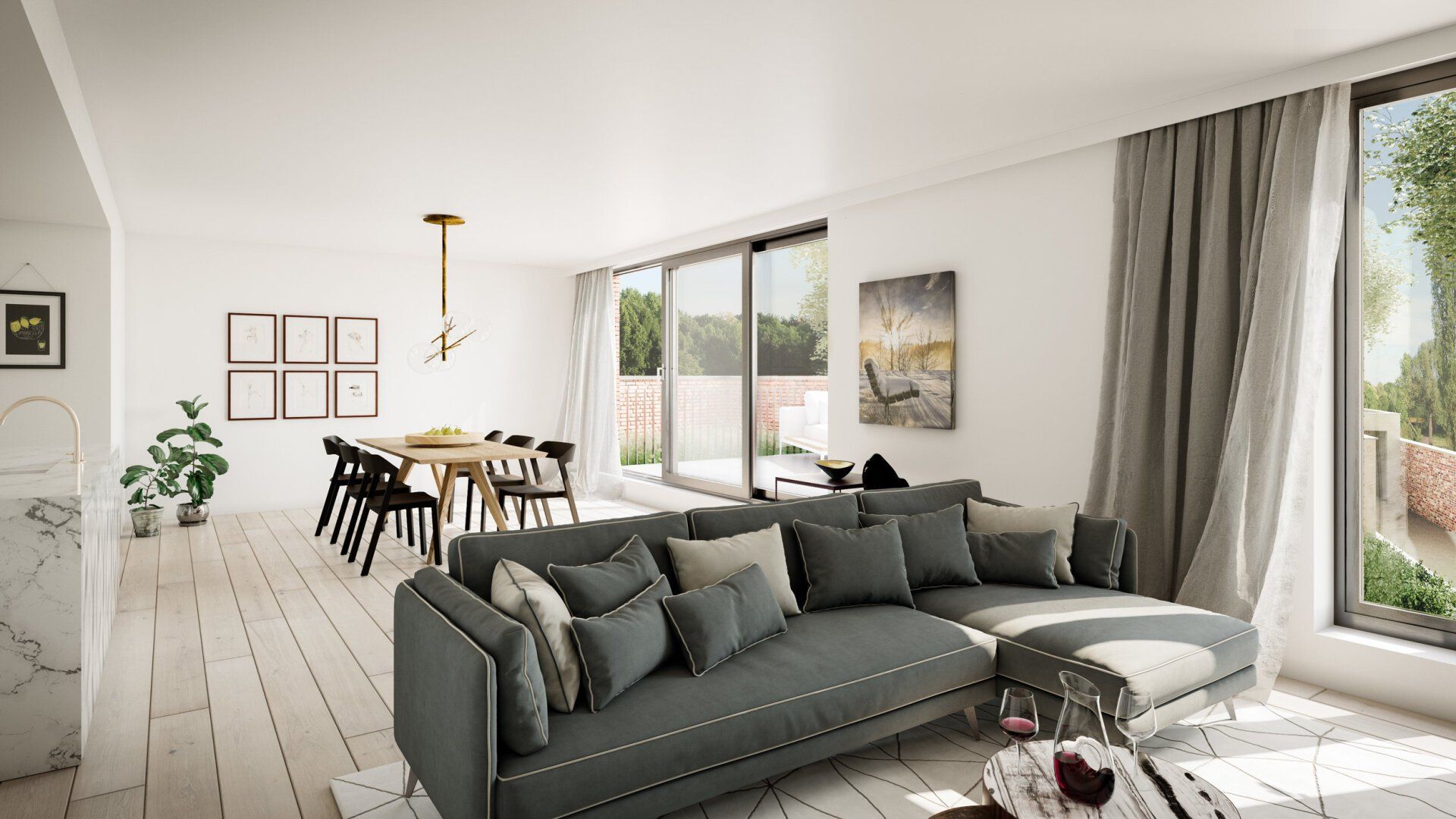 Een woonkamer met een bank, tafel en stoelen.