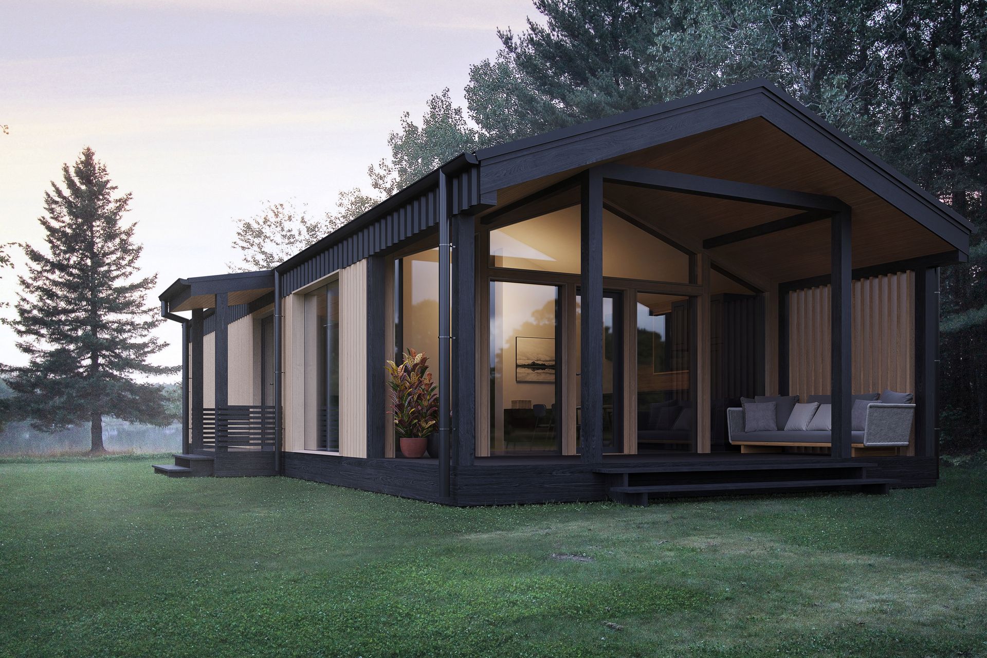 Een klein huisje met veel ramen staat op een weelderig groen veld.