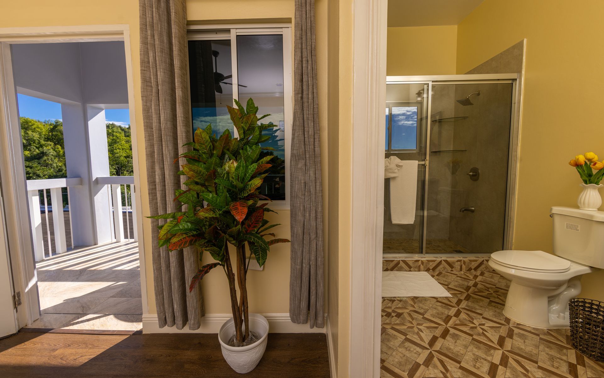 Bathroom with shower, toilet, and plant, visible from a doorway opening to a balcony.