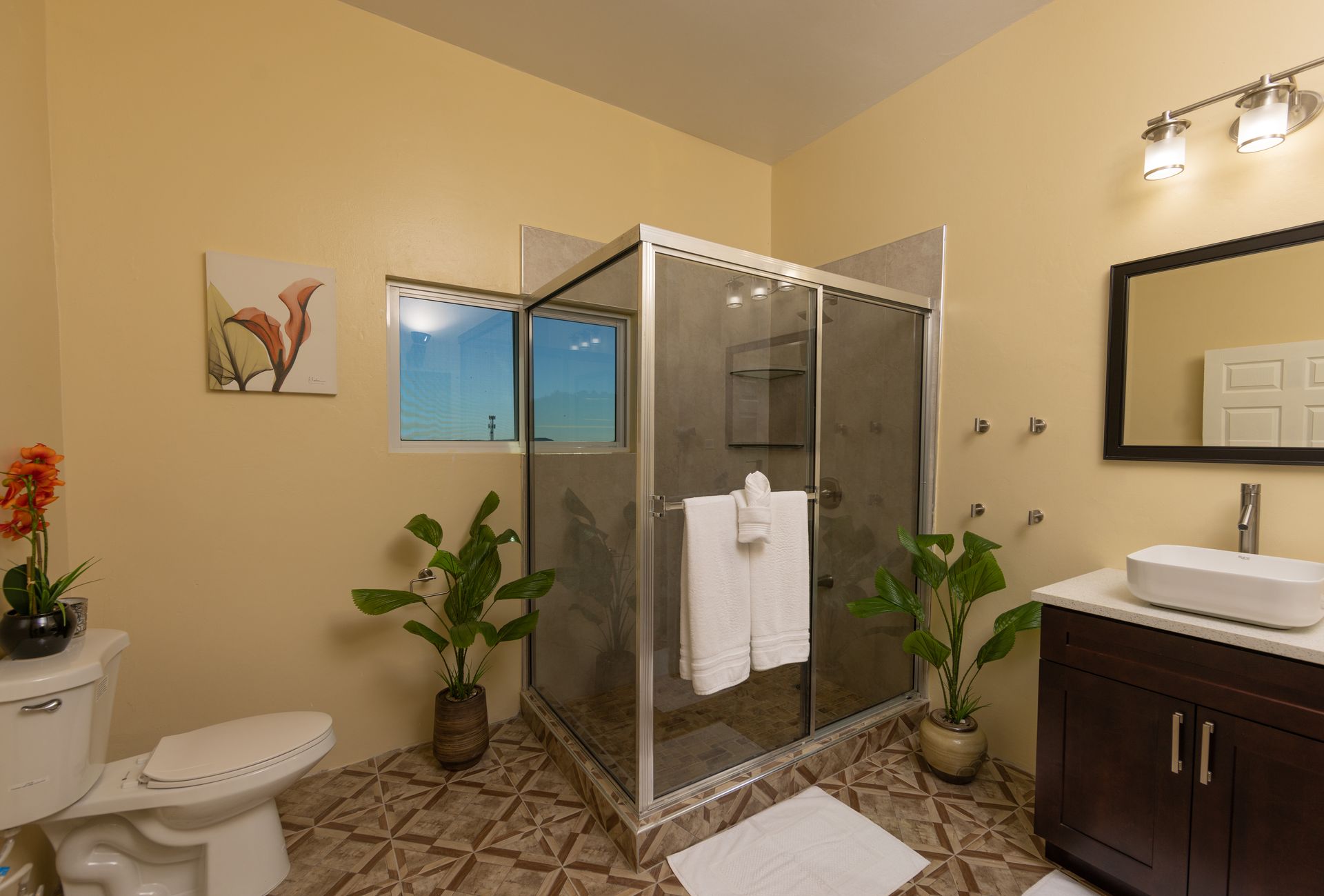 Bathroom with a glass shower, toilet, sink, and decorative plants. Light yellow walls and patterned floor tiles.