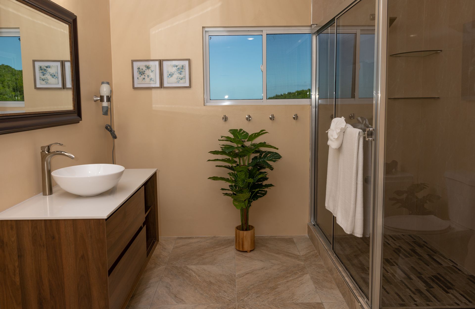 Bathroom with a vanity, sink, mirror, shower, and a potted plant in front of a window.