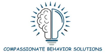 A logo for compassionate behavior solutions shows a light bulb with a brain inside of it.