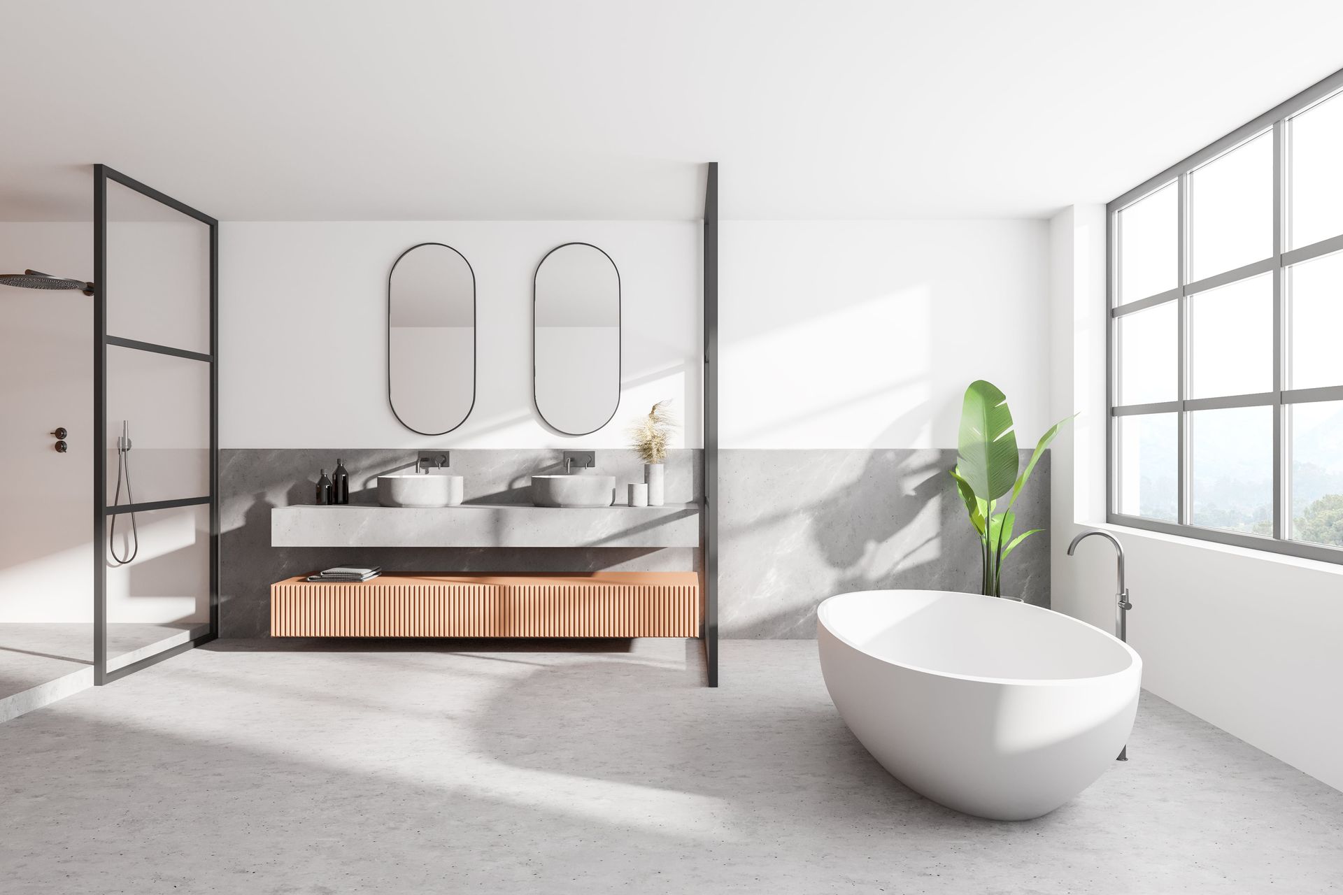 Interior Of Modern Bathroom With White And Wooden Walls