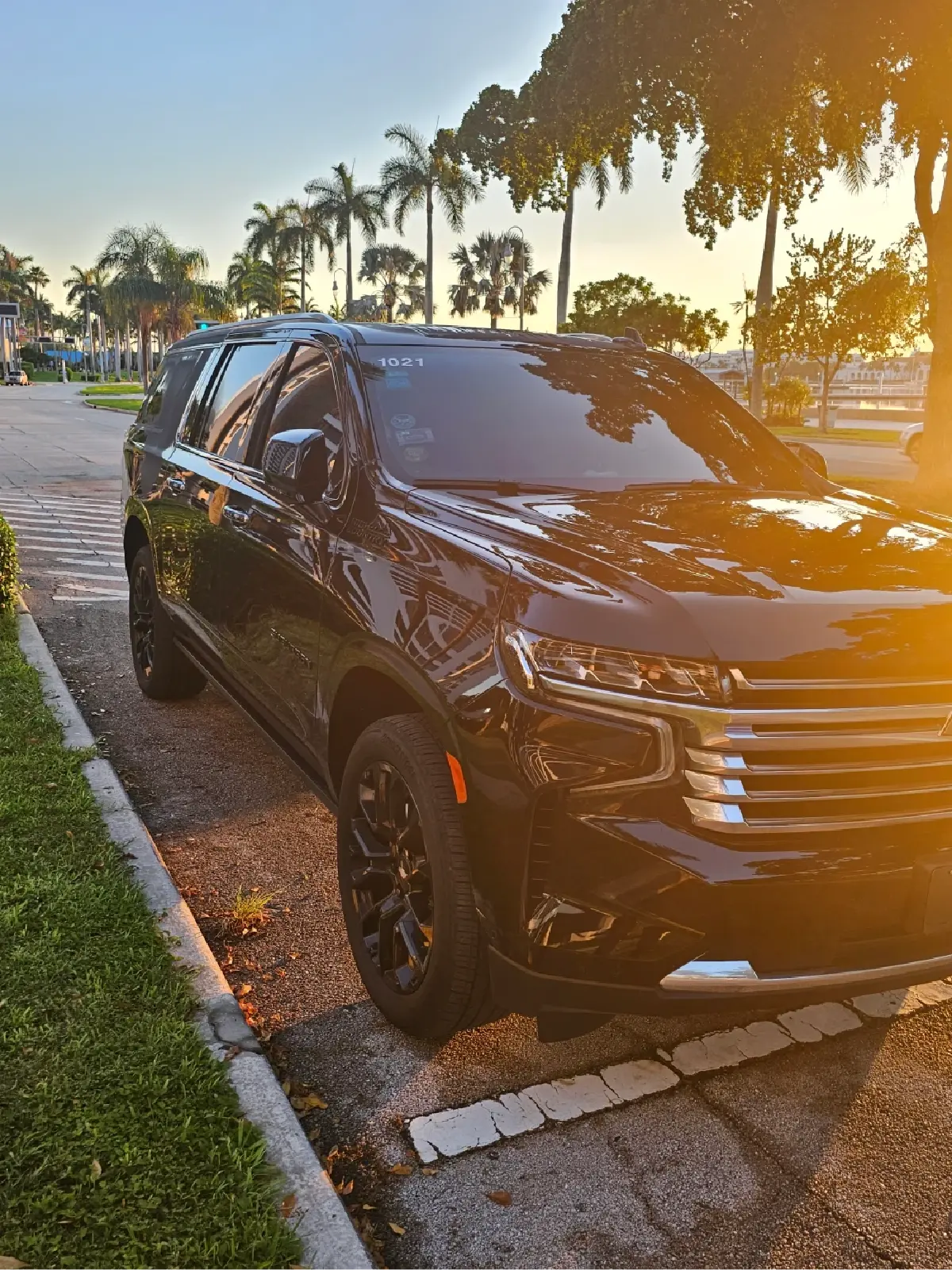 A black suv is parked on the side of the road.