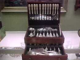 Wooden Box with Sterling Silver knives, forks, spoons-antiques store-South Burlington VT