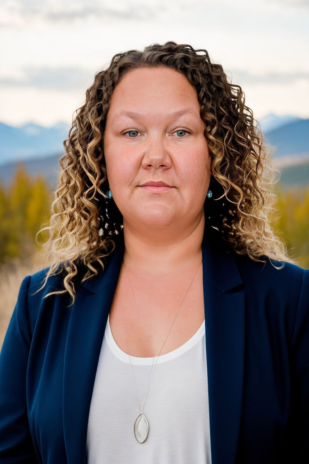 A woman is sitting at a desk with a laptop and a vase of flowers.