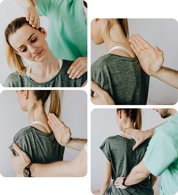 Four images: grassy field, man jogging, woman running, sunlit forest path.