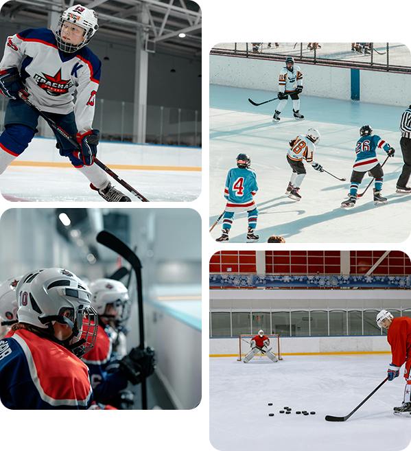 Hockey players on ice rink, in action and on the bench. Red, blue, white jerseys. Goal in the background.
