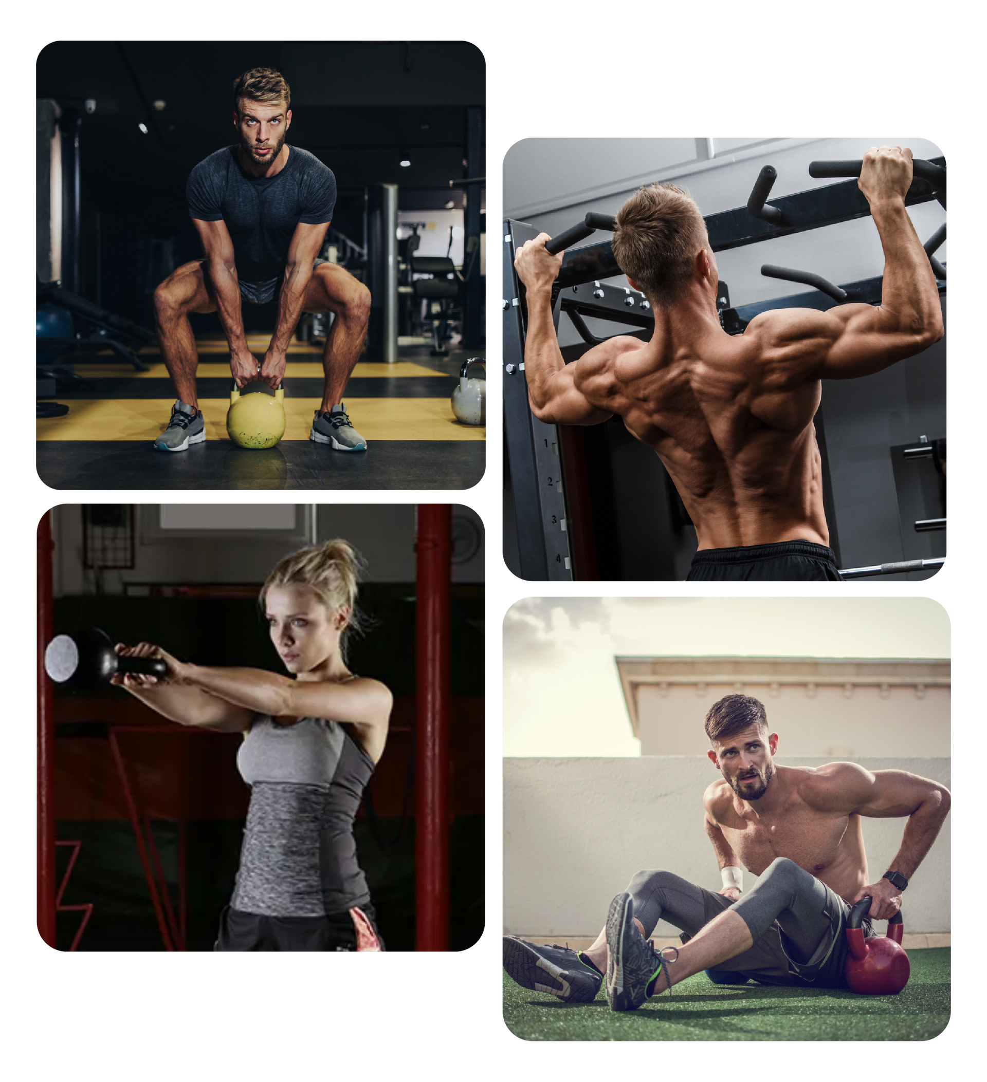 People playing volleyball, American football players, woman swinging kettlebell, man using battle ropes.