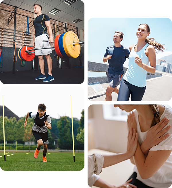 People exercising: pull-ups, running, battle ropes, and therapeutic touch in various settings.