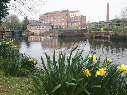 Waterfront view with building, chimney, and daffodils.