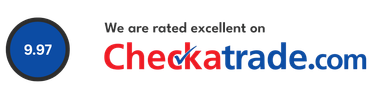 A blue circle with the rating of 9.97, and text that says, “We are rated excellent on Checkatrade.com.”