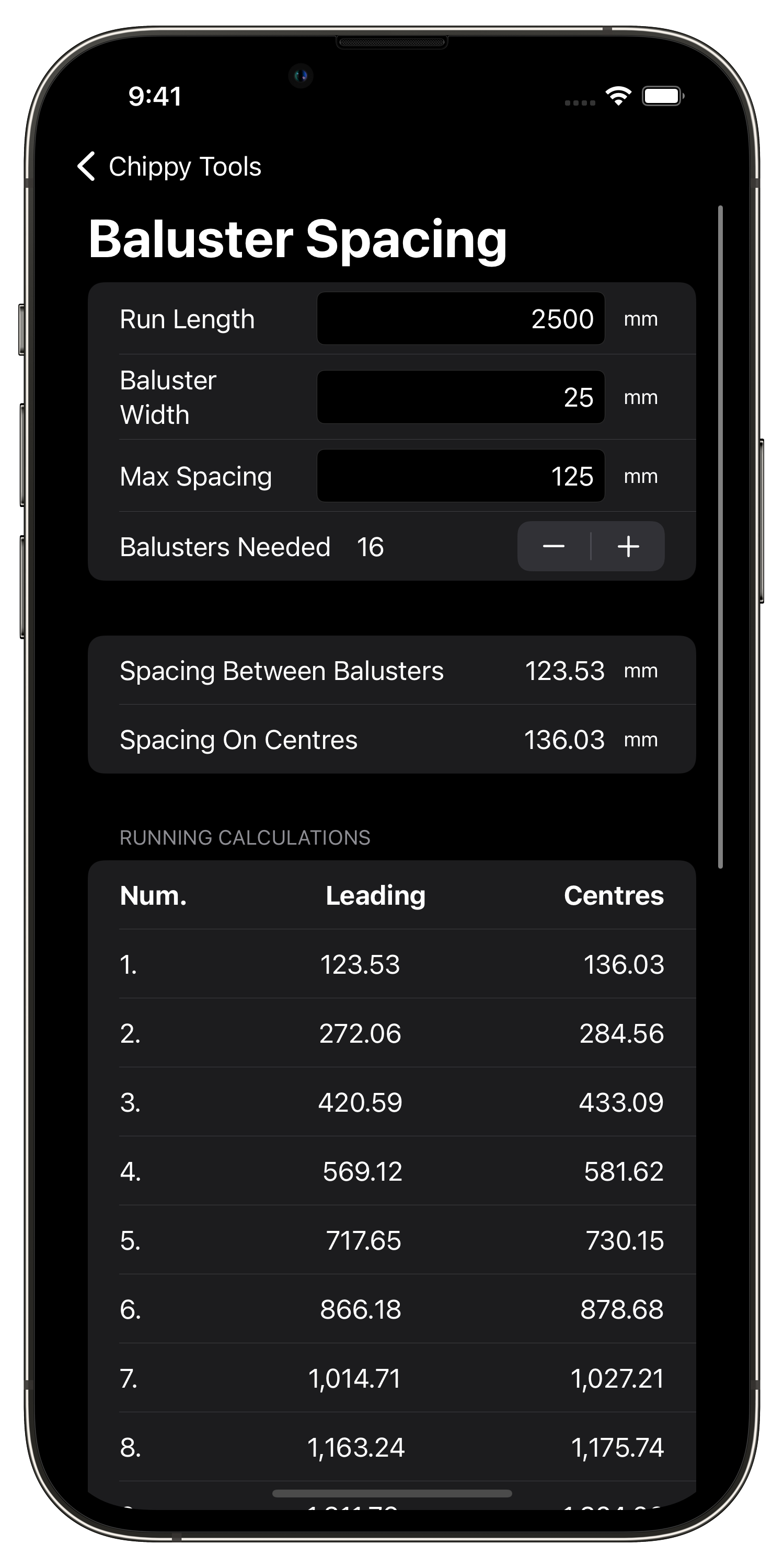 Screenshot of Chippy Tools Baluster Spacing Calculator