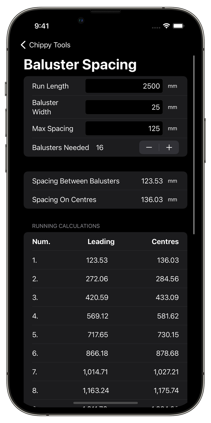Screenshot of Chippy Tools Baluster Spacing Calculator