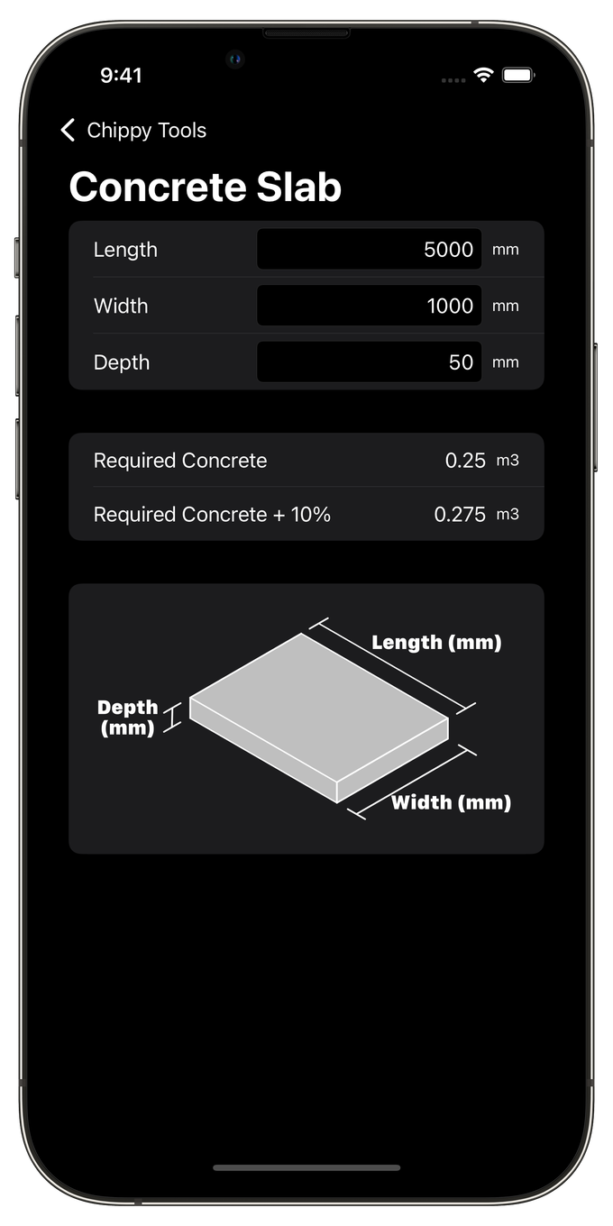Screenshot of Chippy Tools Concrete Slab Calculator