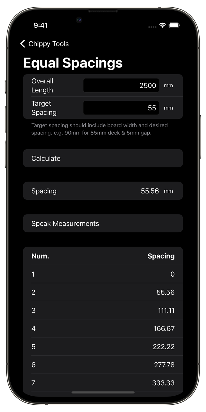 Screenshot of Chippy Tools Equal Spacing Calculator