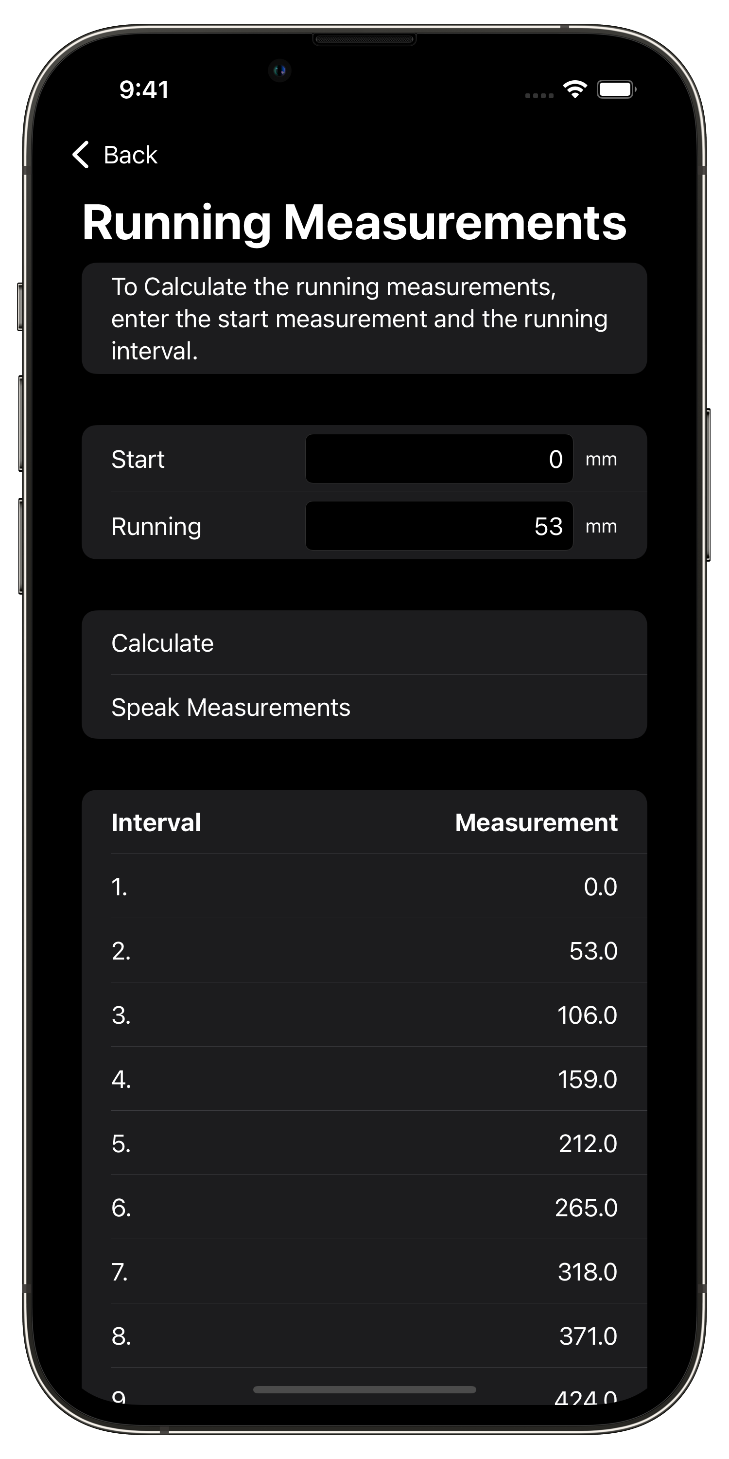 Screenshot of Chippy Tools Running Measurement calculator