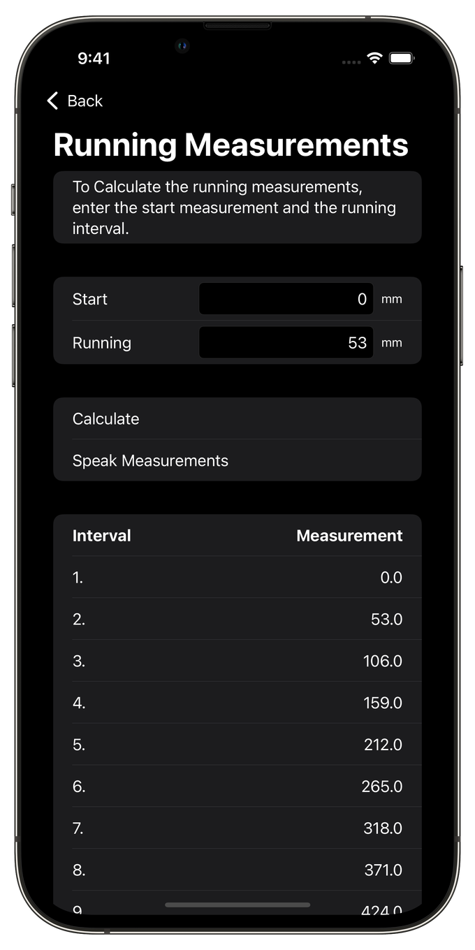 Screenshot of Chippy Tools Running Measurement calculator