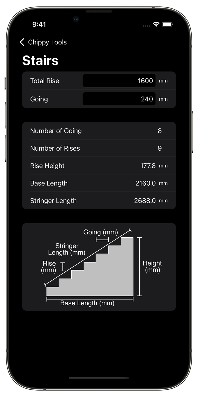 Screenshot of Chippy Tools Stair Calculator