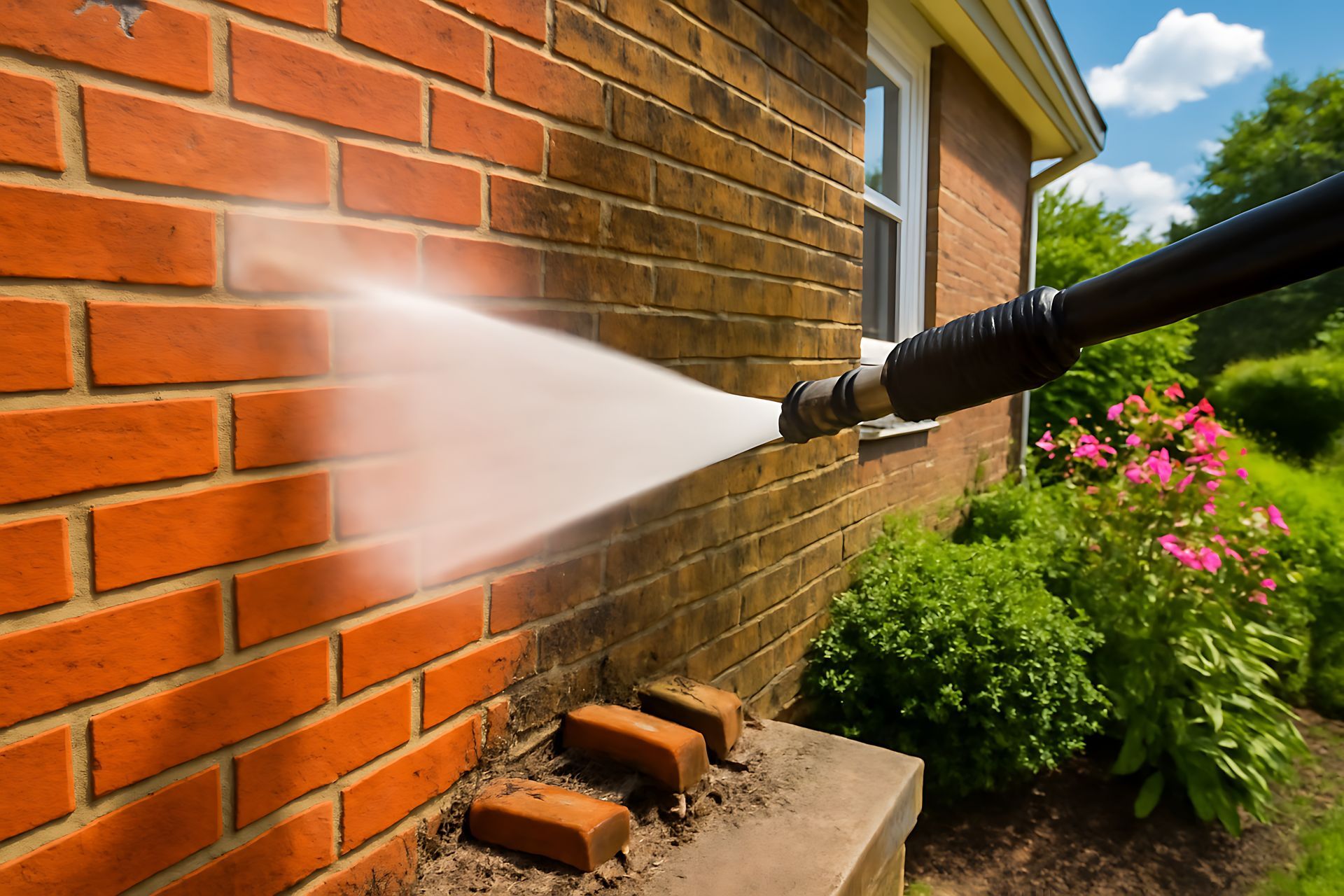 A person power washing a brick wall of a house, removing dirt and grime.