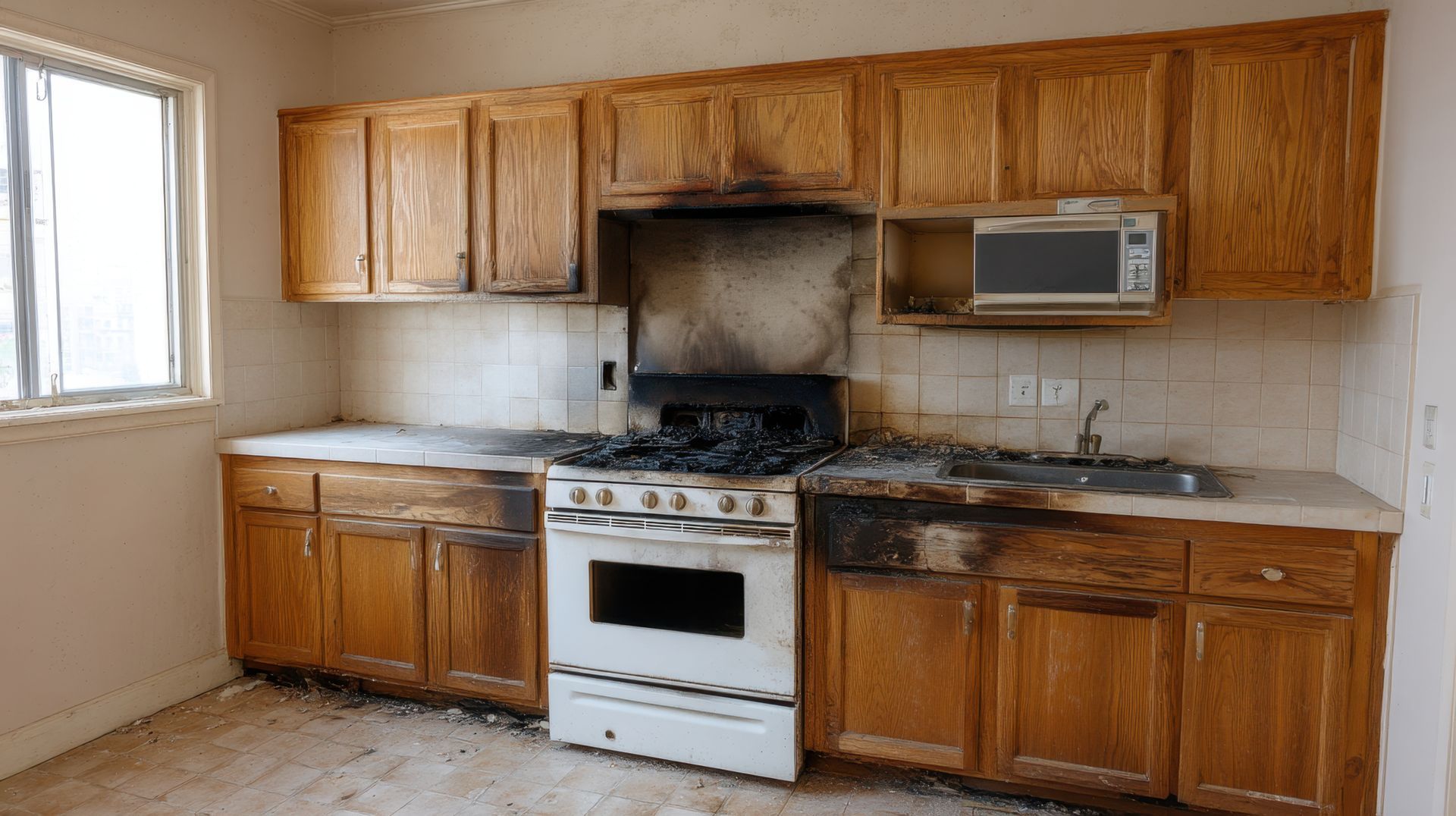 Kitchen after a fire: charred cabinets, stove, microwave, and countertops. Burnt residue and smoke damage.