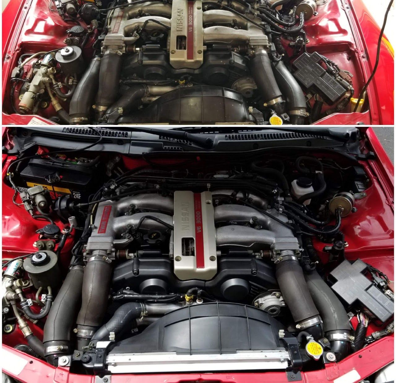 Top-bottom view of a red car engine bay, before and after cleaning. Black tubes, silver and black engine components.