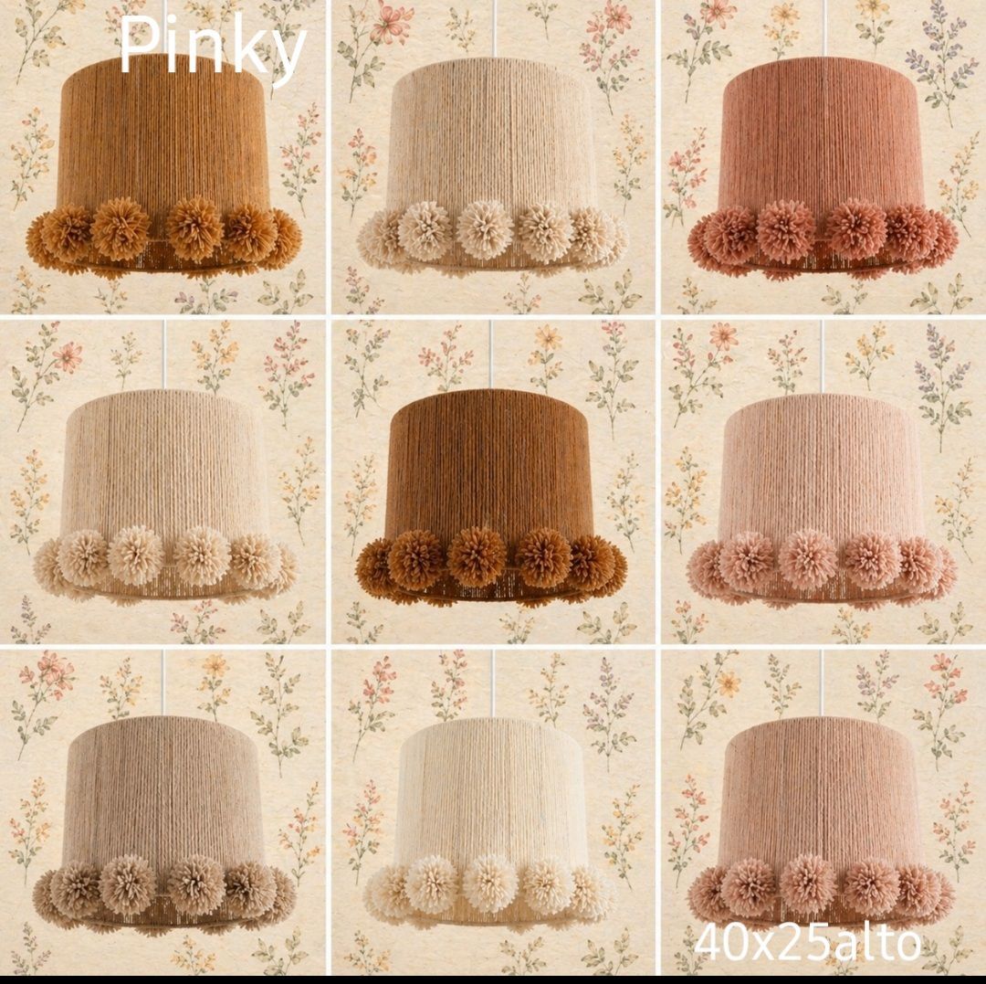 Nueve fundas de lámpara de punto esponjoso en color rosa, beige y marrón, dispuestas en una cuadrícula de 3x3.