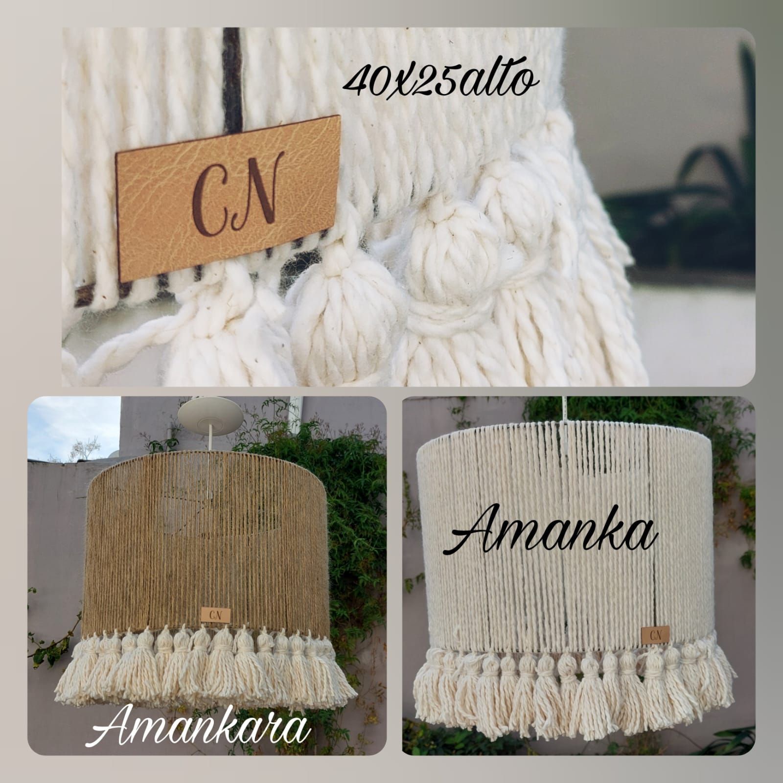 Tres pantallas de lámpara hechas a mano con flecos color crema e iniciales/nombres personalizados en un collage.