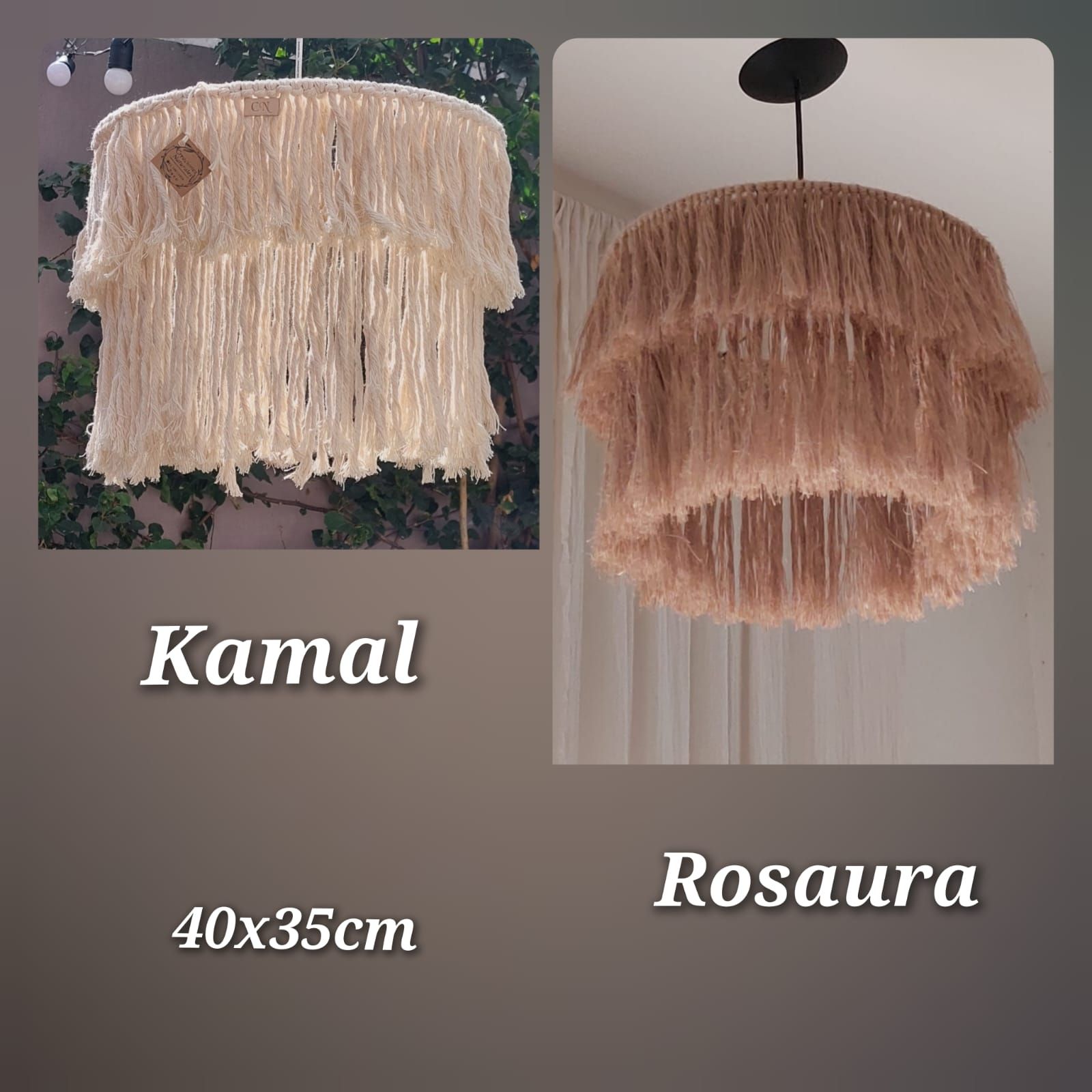 Dos pantallas de lámpara colgantes beige con flecos, de las marcas Kamal y Rosaura, de 40x35 cm.