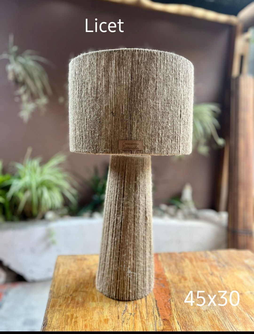 Pequeña lámpara de mesa tejida de color beige sobre una superficie de madera, con plantas difuminadas al fondo.