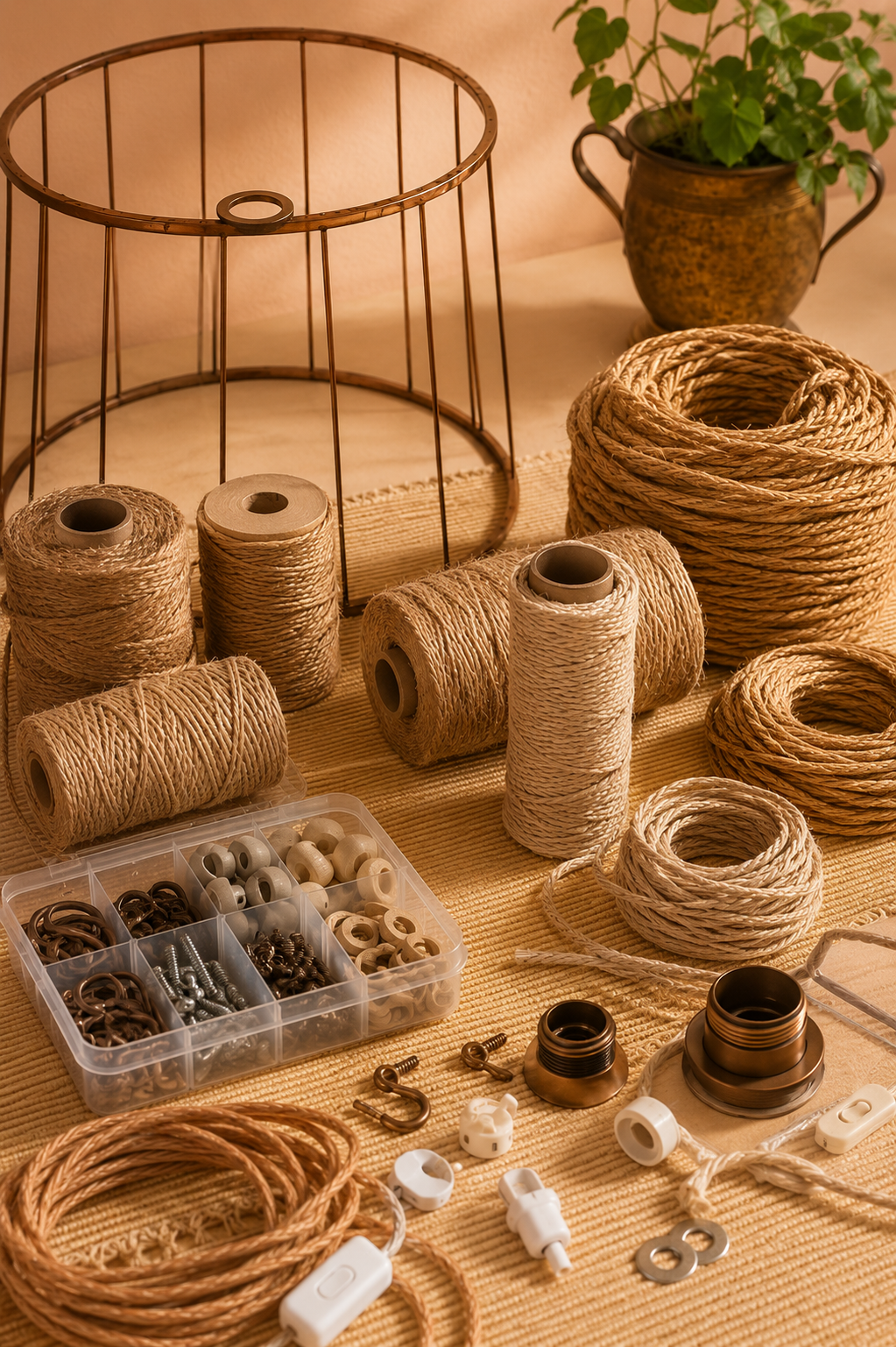 Materiales para manualidades sobre una mesa de madera: rollos de cordel, cuerda, tijeras y pequeños herrajes