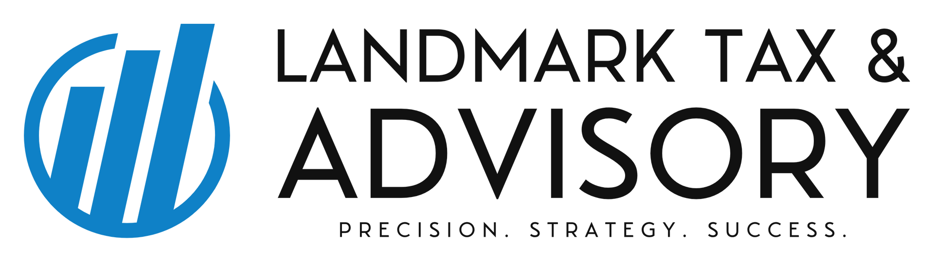 The logo for landmark tax & advisory is blue and black