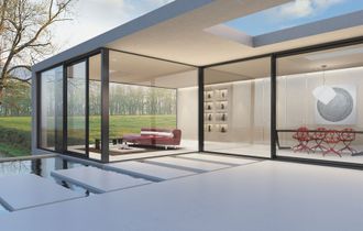 An artist 's impression of a modern house with sliding glass doors.