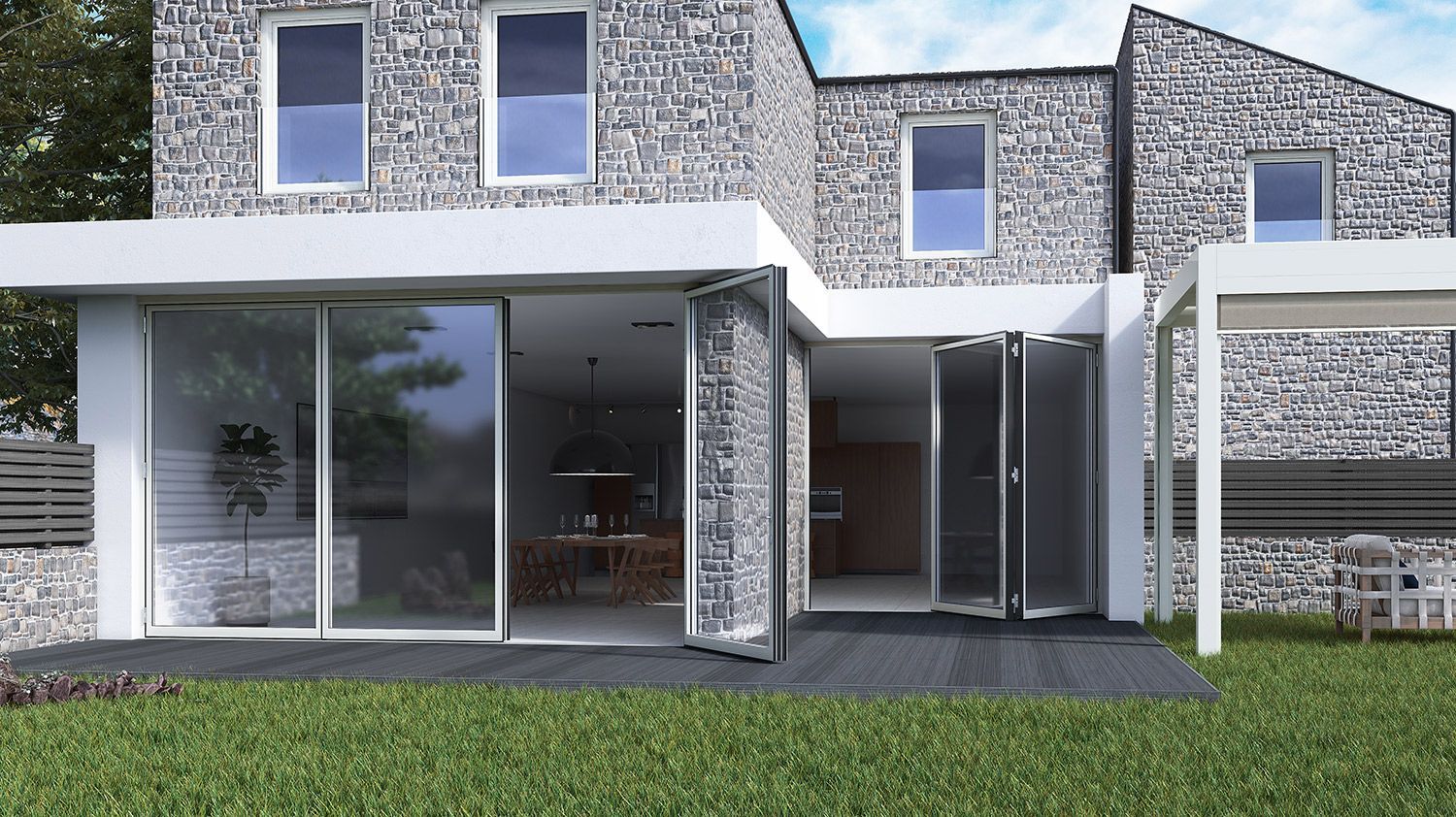 An artist 's impression of a house with a large sliding glass door