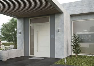 A modern house with a large white door and a covered porch.