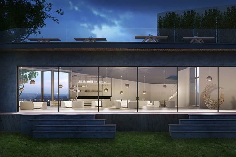An artist 's impression of a modern house with a lot of windows.