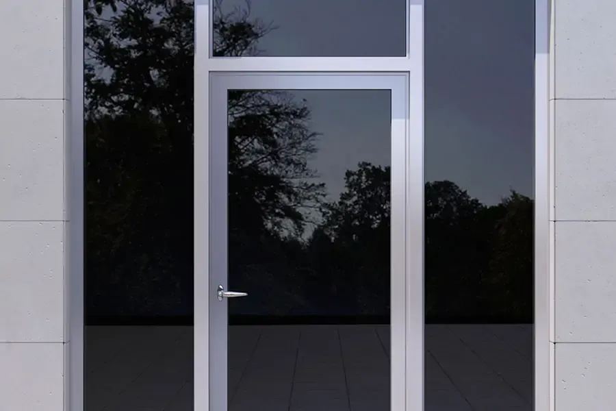 A close up of a glass door on a building with trees in the background.