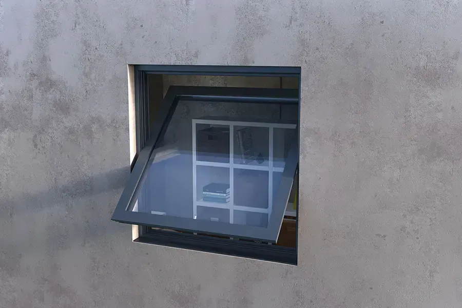 A window in a concrete wall with the glass open.