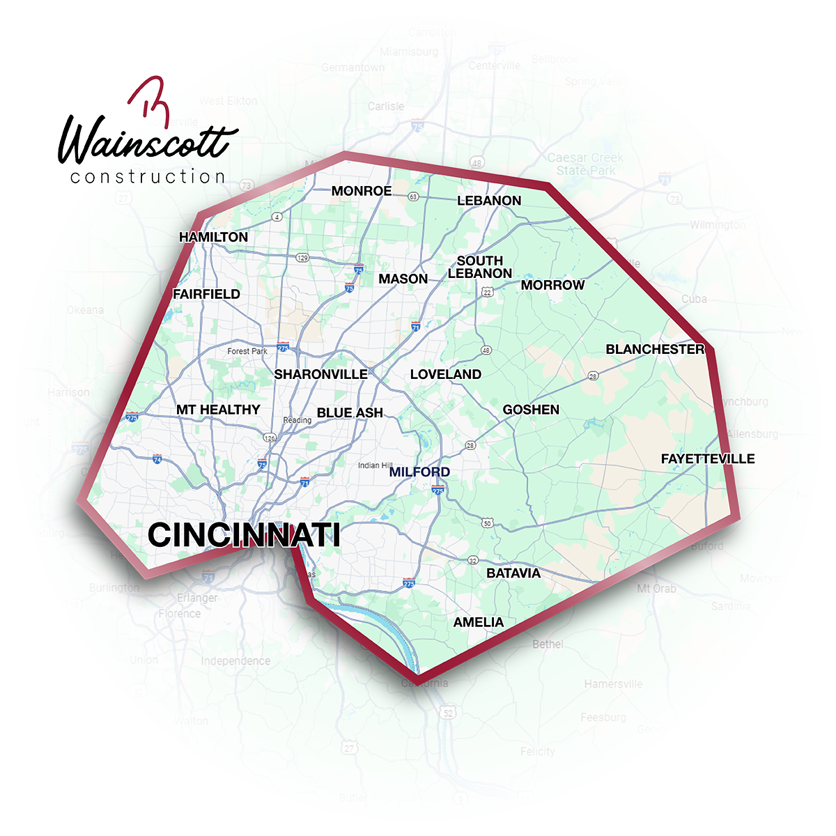 Map of North Cincinnati and R Wainscott Construction Logo