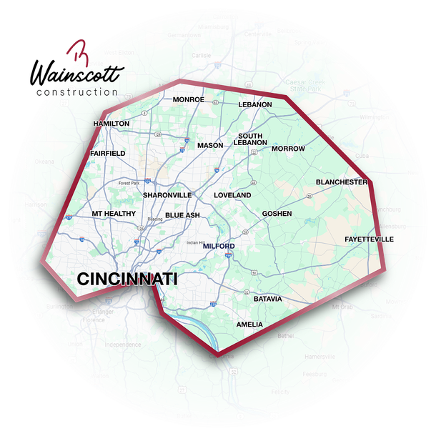 Map of North Cincinnati and R Wainscott Construction Logo