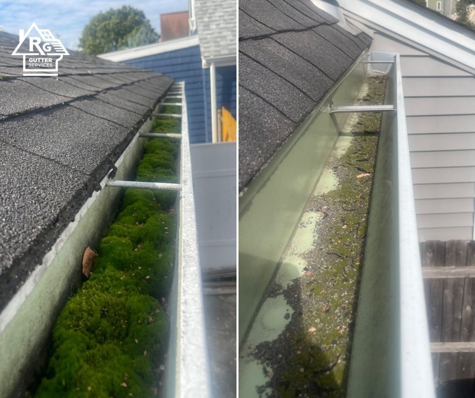 A before and after picture of a gutter on a house.