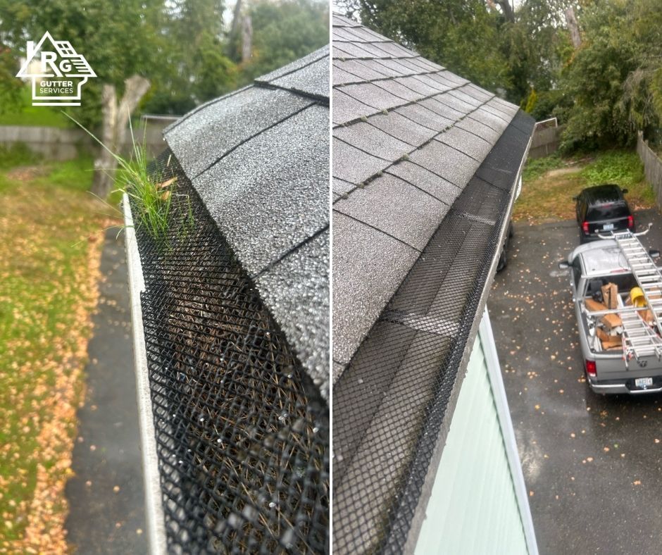 A before and after picture of a gutter being cleaned.